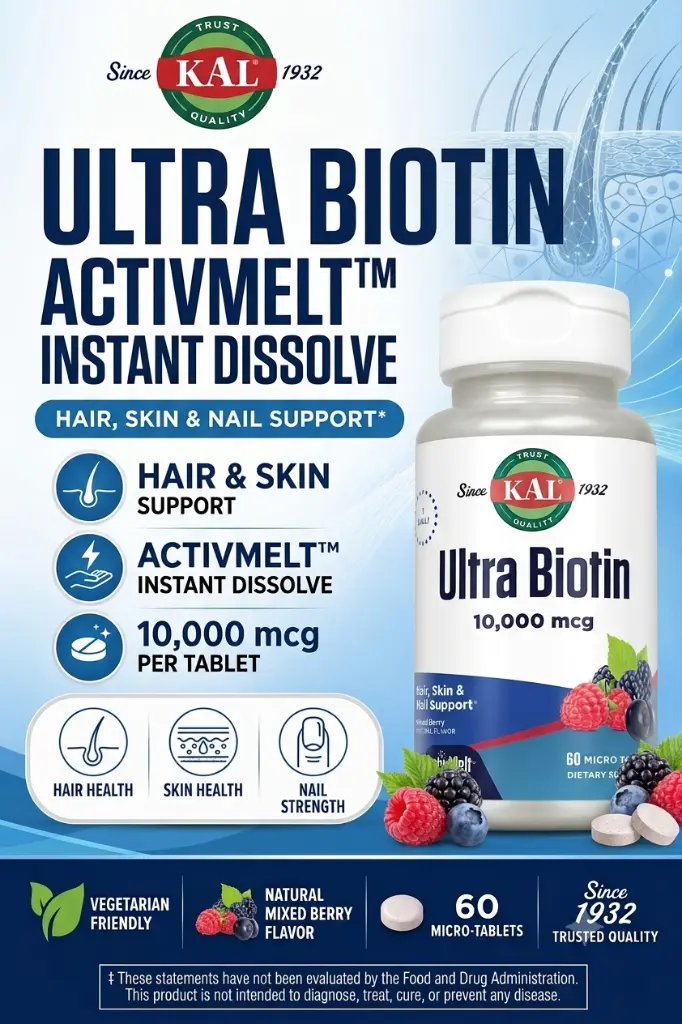 KAL Ultra Biotin 10,000 mcg ActivMelt, soch va teri salomatligi uchun vitamin.webp