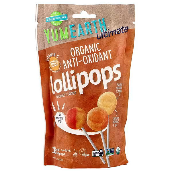 YumEarth, Ultimate, Organic Anti-Oxidant Lollipops, Mango, Orange, Lemon, 15 Lollipops