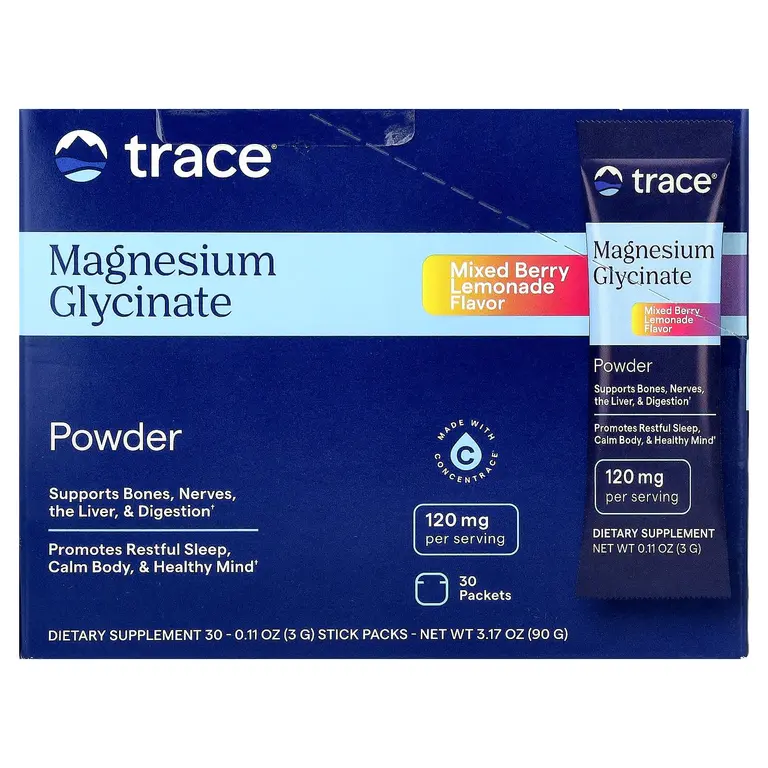 Trace, Magnesium Glycinate Powder, Mixed Berry Lemonade, 30 Packets, 0.11 oz (3 g) Each
